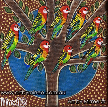 'Australian Eastern Rosellas in Tree' Life Changing Original Painting Series by Mirree Contemporary Dreamtime Animal Dreaming